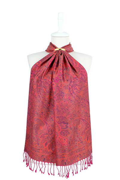 Bursa İpek Fuchsia Orange Jamawar Woven Silk Scarf