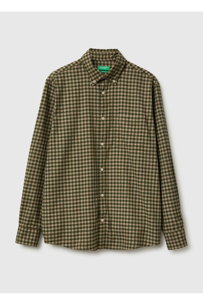 United Colors of Benetton Men's Khaki 100% Cotton Square Patterned Shirt with...