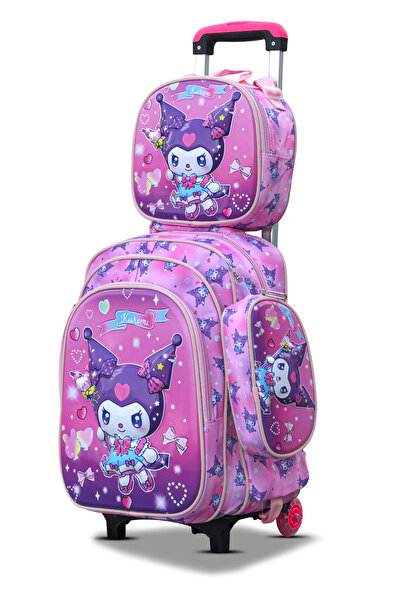 ZAAPPY Kuromi Kids 3 Pcs Set (Trolly School Bag, Lunch Bag, Pencil Pouch) Rol...