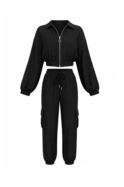 Sezgi Tekin Wrinkle Effect Jacket and Pants Black Satin Set