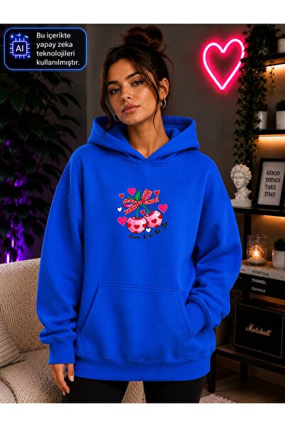 caddekombin Women's Heart Detailed Bow Cherry Printed Hooded Kangaroo Pocket ...