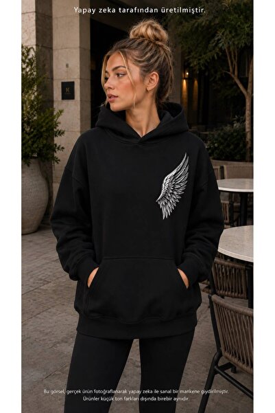 caddekombin Women's Angel Wing Printed Hooded Kangaroo Pocket Cotton Casual S...