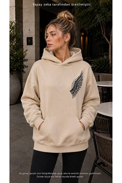 caddekombin Women's Angel Wing Printed Hooded Kangaroo Pocket Cotton Casual S...