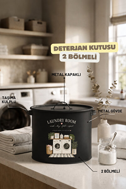hemlife 2 Bölmeli Metal Toz Deterjan Kutusu Kapaklı Kulplu Laundry Baskılı Re...