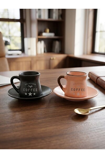 Elista Delicious Cafe 2'li Seramik Türk Kahvesi & Espresso Fincan Takımı – Mat Siyah & Somon Pembe (90 ml)