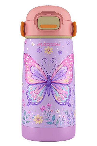 Puccon 420 ml Lila Pembe Kelebek Desenli Kız Çocuk Pipetli Çelik Termos/Suluk...
