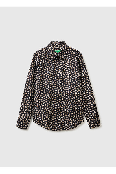 United Colors of Benetton Women's black 100% cotton patterned regular fit shirt