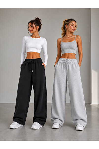 CAONNES Women's 2-Piece Sweatpants (Black-Grey) Oversize Baggy Wide Leg Washa...