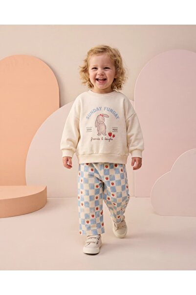 Valia Baby Rabbit Printed Strawberry Detailed Cotton Baby Girl 2-Piece Set