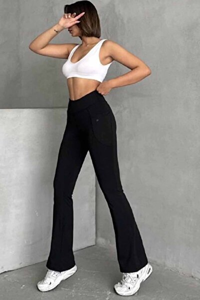 vynor atelier Women's Black High Waist Gathering Double Pocket Spanish Leggin...