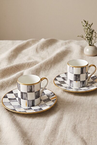 RUBİ PORSELEN Bella Smoked Porcelain Coffee Cup Set for 2 – Smoked Square Pat...