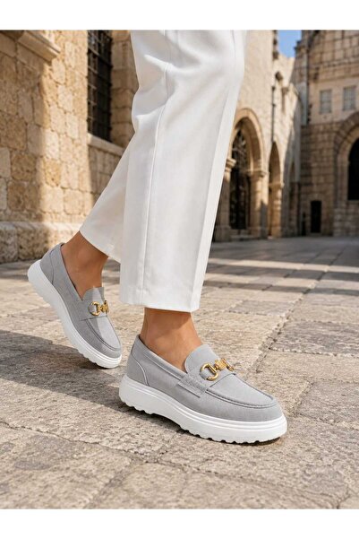 Oneka Shoes Kadın Günlük Loafer Açık Gri süet taş tokalı 220826KLAGS1225