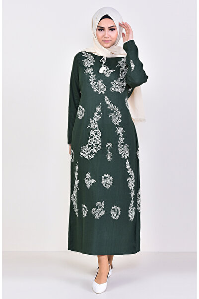 sefamerve Patterned Şile Cloth Dress 0004-03 Emerald Green