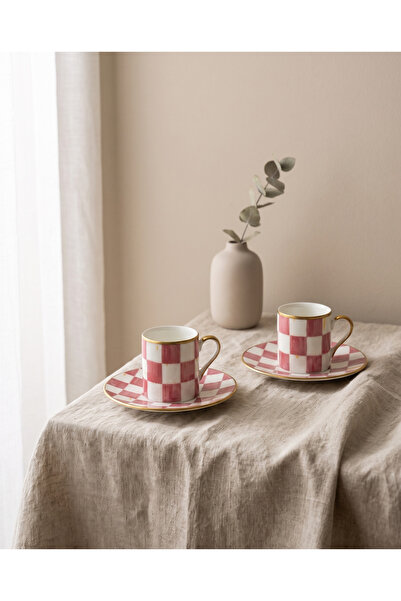 RUBİ PORSELEN Bella Pudra 2-Person Porcelain Coffee Cup Set – Powder Square P...