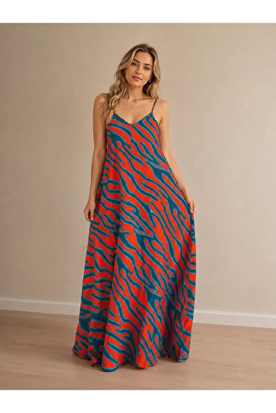 sharin Women's Patterned Summer Thin Strap Maxi Long Dress 1g-2411
