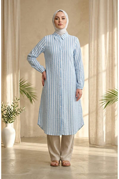 sefamerve Shirt Collar Striped Buttoned Linen Tunic 0332-08 Baby Blue
