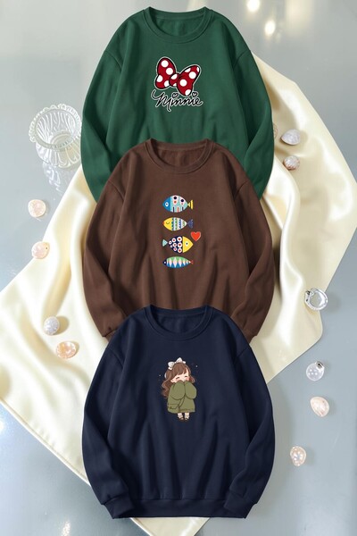 uyguntarz Unisex Mixed Printed Crew Neck Sweatshirt Set – Pack of 3