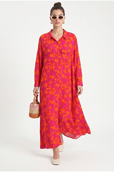 Ritnice Women's Gardennew 100% Viscose Orange Buttoned Long Dress