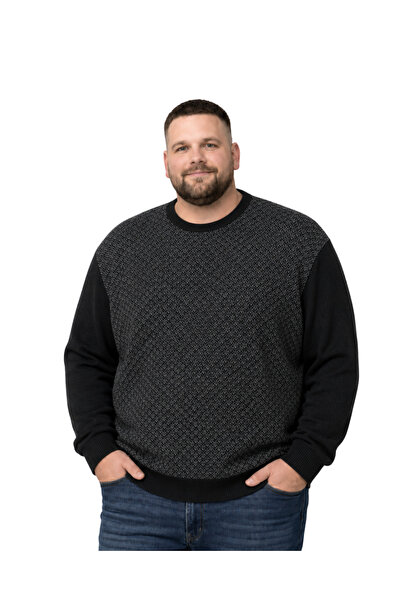 BattalModa Men's Large Size Black Crew Neck Motif Knitwear Sweater 3Xl-4Xl-5X...