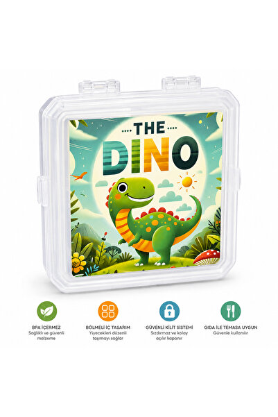 The Dino Dinazor Desenli Bölmeli Çocuk Beslenme Kabı – Kaşık Çatallı Okul Yemek Kutusu