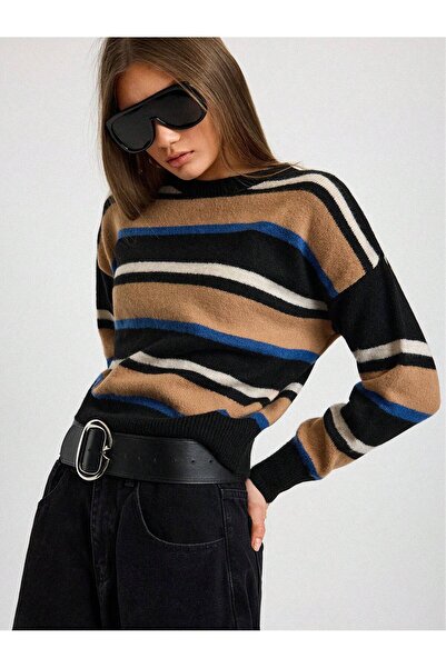 S.ÇLK Women's Crew Neck Multi-Colored Striped Oversize Knitwear Sweater