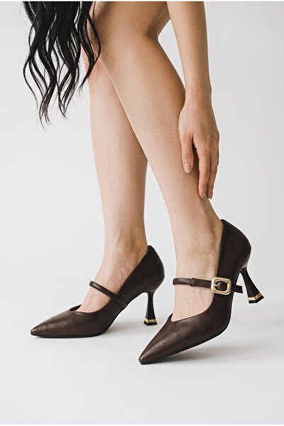 besoin shoes store Buckle Detailed Matte Leather Thin Heeled Shoes Stiletto L...