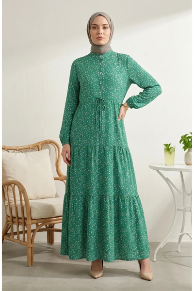 sefamerve Floral Patterned Belted Hijab Dress 0299-03 Green