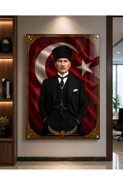 Genel Markalar Türk Bayrağı Önünde Mustafa Kemal Atatürk Portresi Temperli Ca...