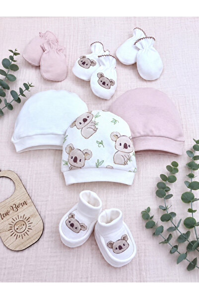 Renkli Puset 7-Piece Cotton Newborn Koala Baby Set (3 Hats - 3 Gloves - Booties)
