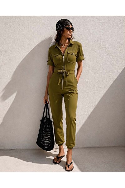 INFİVENTO Women's Modern Zippered Collar Short Sleeve Jumpsuit