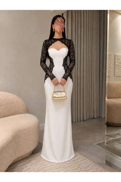 RASHA FASHION فستان سهرة أبيض بقصة ودانتيل أسود بأكمام طويلة
