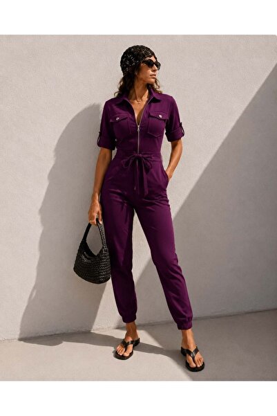 INFİVENTO Women's Modern Zippered Collar Short Sleeve Jumpsuit