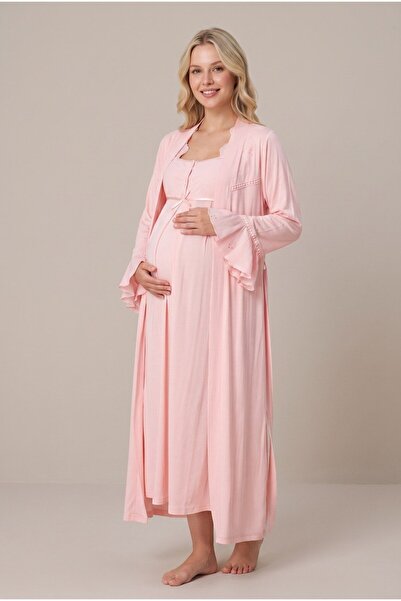 Pelin Women's Powder Lace Maternity Nightgown Set with Easy Breastfeeding Robe