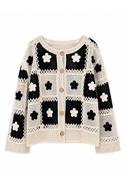 Retrobird Lottie Floral Motif Buttoned Crochet Cardigan Women's Cream - Black