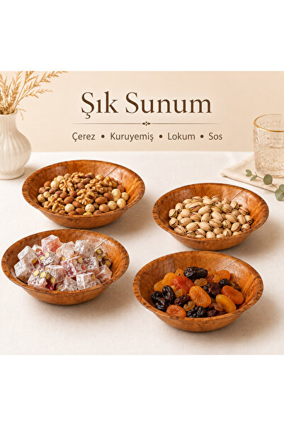 Mutkin 4'lü Ahşap Çerezlik Kase 12,5 cm Doğal Ahşap Kuruyemiş Sunumluk Set