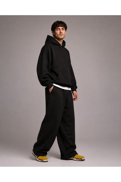 Joetsu Set unisex negru, hanorac supradimensionat cu glugă cu 3 fire și pantaloni de trening largi