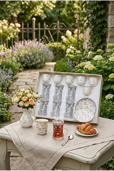 Generic Glass Tea Cups and Coffee Mugs Set with Ceramic Serving Trays Elegant...