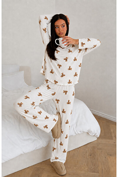 ÖZ PAMUK Kadın Uzun Kollu Raporlu Kumaş Şardonlu SOFT Pijama Takımı – Rahat K...
