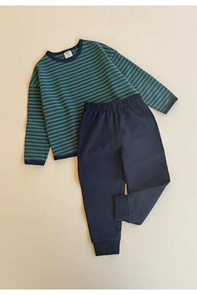 Cigit Oversize Striped Seasonal Suit for 2-7 Years Old Green Navy Blue Striped