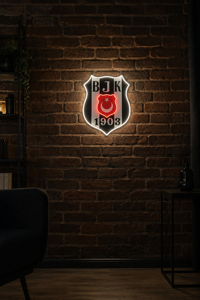 Siyah - Beyaz BJK Logo Tasarımlı Neon Led Duvar Tabelası – Siyah - Beyaz Taraftar Odası Dekoru