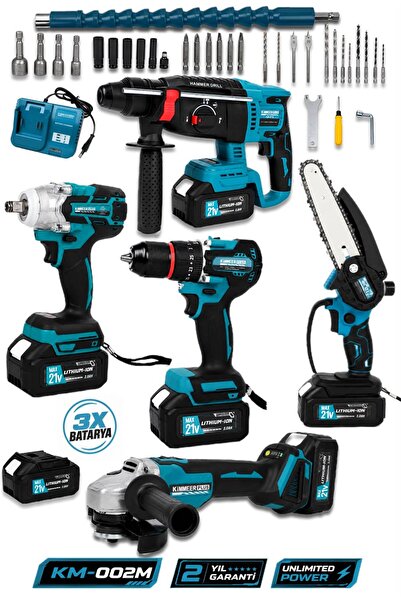 KİMMEER PLUS Profesyonel 21V Matkap Hilti Taşlama Somun Sıkma Testere 5'lı Set
