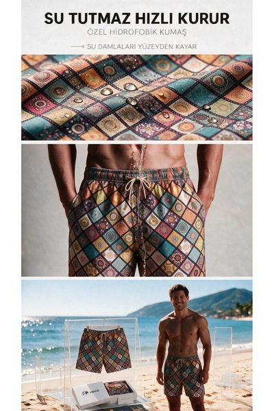 HSCO Vivid Boho Desen Fileli Cepli Mayo Regular Fit Erkek Deniz Şortu Turkuaz...