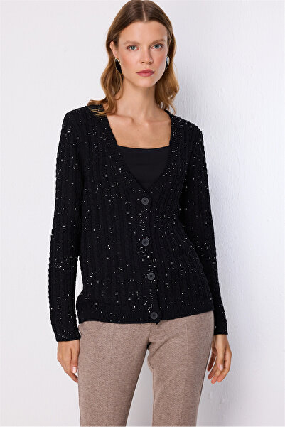 ON TRİKO Knitted Patterned Sequined Knitwear Cardigan 10910