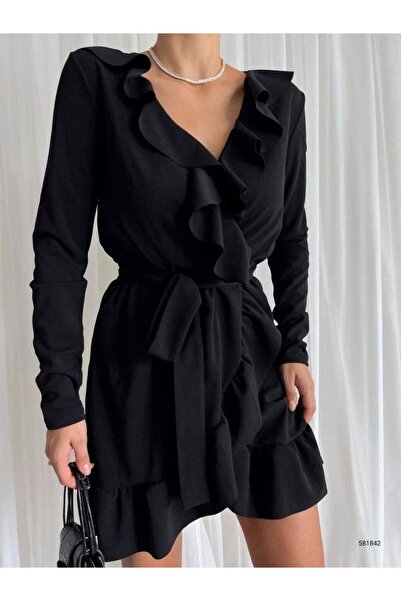 INFİVENTO Women's Modern Double-Breasted Gathered/Ruffled Sleeve Dress