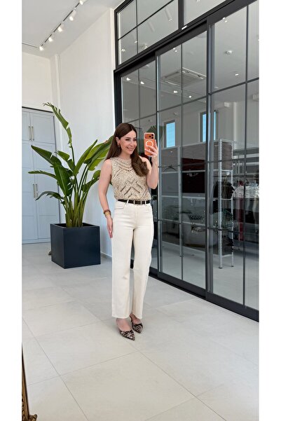 elif teke Raw Cream Kemerli Mom Fit Jean Krem