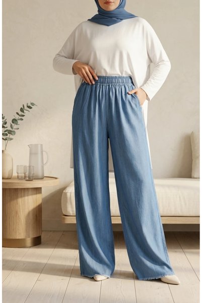 sefamerve Tensel Kumaş Beli Lastikli Cepli Bol Paça Kot Pantolon 14514-03 Kot Mavi