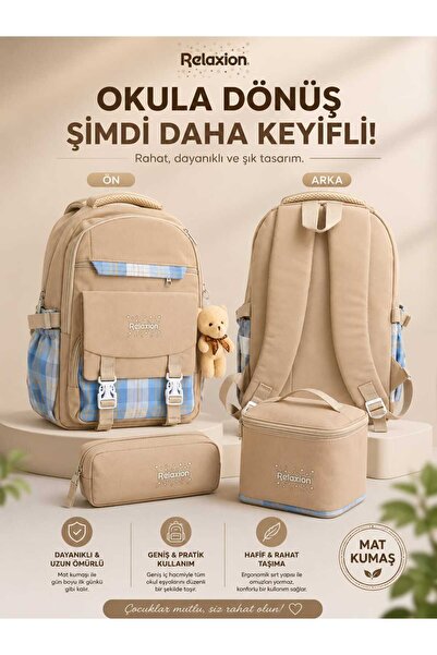 Relaxion 1396 Mat Kumaş Okul Sırt Çantası 3’lü Set – Termostatlı Beslenme Çan...