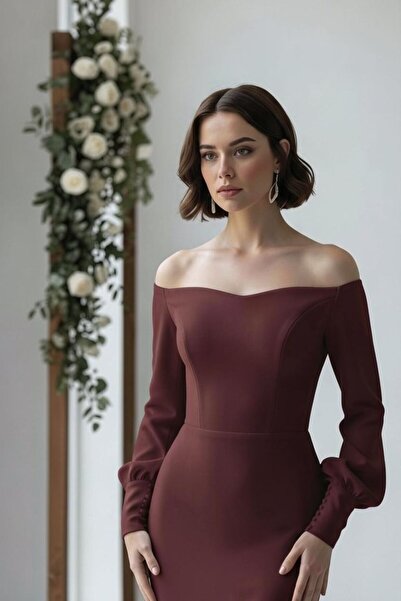 ENDAMIM Boat Neck Mermaid Dress Long Sleeve Balloon Sleeve Lined Zippered Wed...
