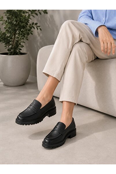Kadın Loafer Makosen Siyah Cilt Kalın Tabanlı Ayakkabı