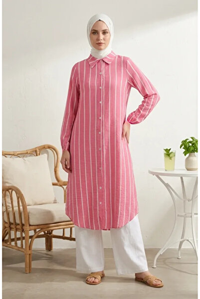 sefamerve Shirt Collar Striped Linen Long Tunic 0354-08 Pink